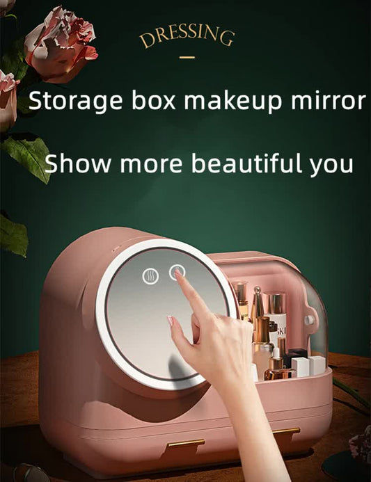 Ivory White LED Vanity Makeup Organizer with Partition Storage and Touch-Control Mirror - Large Capacity Cosmetic Box