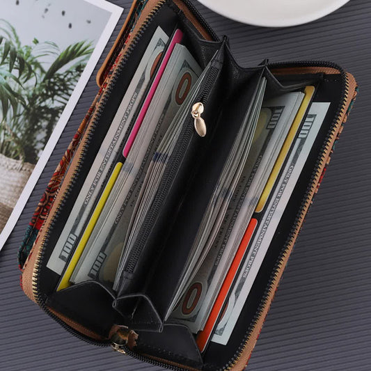 F Elegance Vintage Bohemian Style Wallet with Multi-Compartment Design - Large Capacity Zipper Clutch for Women