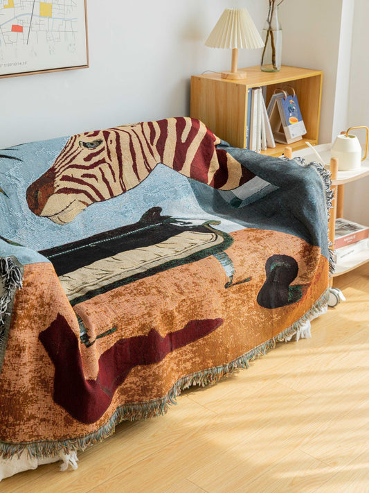 Safari-Inspired Woven Blanket - 160x130cm Artistic Tapestry Throw with Tassel Edges