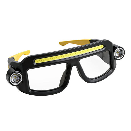 LED Glasses Light Rechargeable USB-C - Yellow Hands-Free COB and Dual XTE Headlamp, Lightweight IPX4 Wearable Work Light for Camping, Hiking, Repairs and Night Fishing