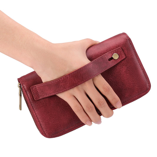 Brown Double Zipper Women's Wallet - Large Capacity Clutch Organizer with Wristlet Strap