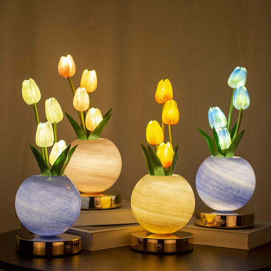Yellow Tulip Night Light with Realistic Bouquet - Dreamy Planet LED Mood Lamp for Bedroom Decor with 3-Color Touch Dimming