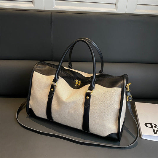 Black Contrast Color Women's Travel Bag - Canvas & PU Leather Trim Luggage (32x21x14cm)