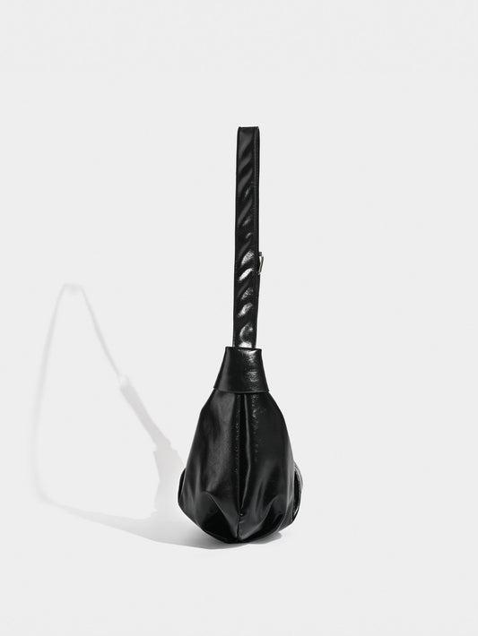Chic Ruched Faux Leather Bag - Vintage Inspired Croissant Style, Black