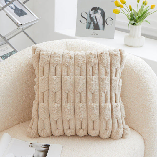 A pair of Khaki Plush Faux Rabbit Fur Throw Pillow Cover - Textured Wheat Ear Design (45x45cm)