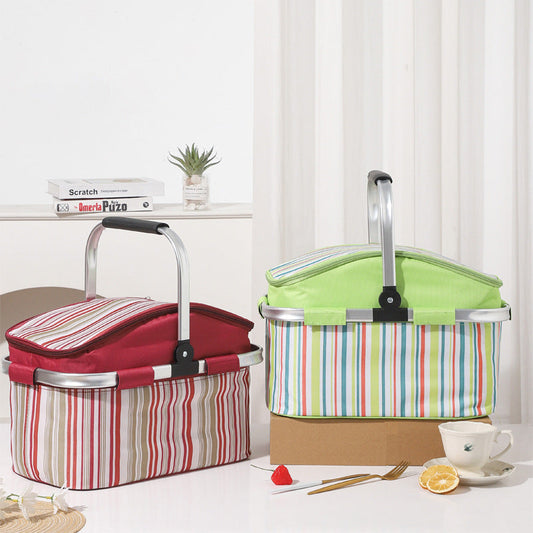 Red and Colored Stripes Large 27L Foldable Insulated Picnic Basket Cooler Bag - Lightweight Thermal Hamper with Aluminum Handles for Outdoor, Shopping & Camping