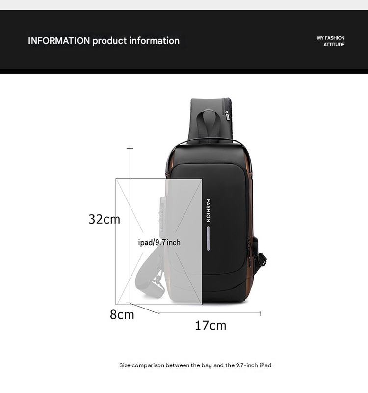 Black Gold Modern Anti-Theft Sling Bag for Men - Crossbody Backpack with USB Port & Combination Lock