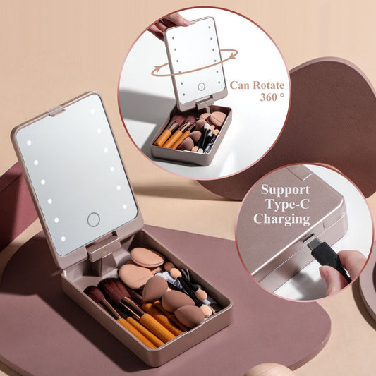 All-in-One Portable Makeup Brush Kit with LED Mirror Travel Case, Sponges & Applicators(pink)