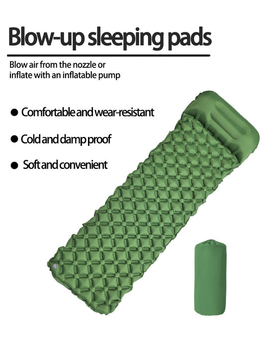 2pc Ultralight Inflatable Camping Sleeping Mat with Integrated Pillow - Waterproof 40D Nylon TPU(Army Green)