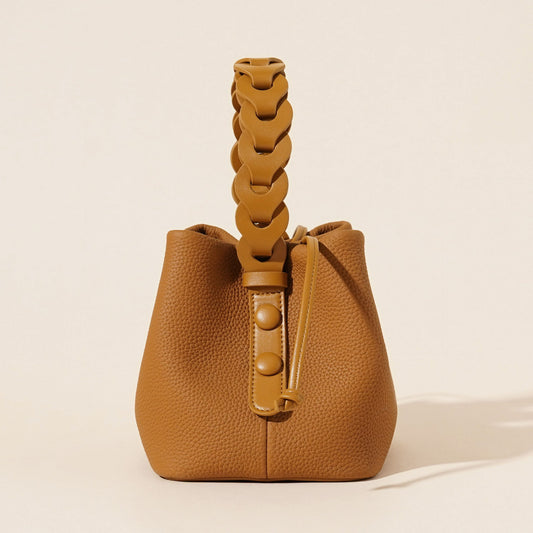 Genuine Leather Mini Bucket Bag with Braided Handle - Chic Drawstring Crossbody Purse(Gray)