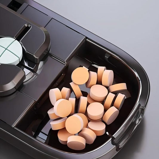 Grey Portable Mini Pill Organizer with 1/2 & 1/4 Precision Cutter - 3-Compartment Daily Travel Medicine Case with Rolling Knob Lock