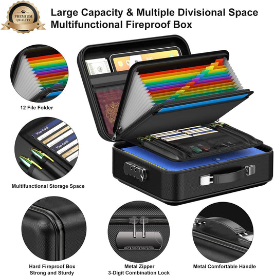3-Layer Fireproof & Waterproof File Organizer Box(38x28x13CM) with Security Lock - EVA Muti-Functional Safety Briefcase for Certificates, Passports & Valuables