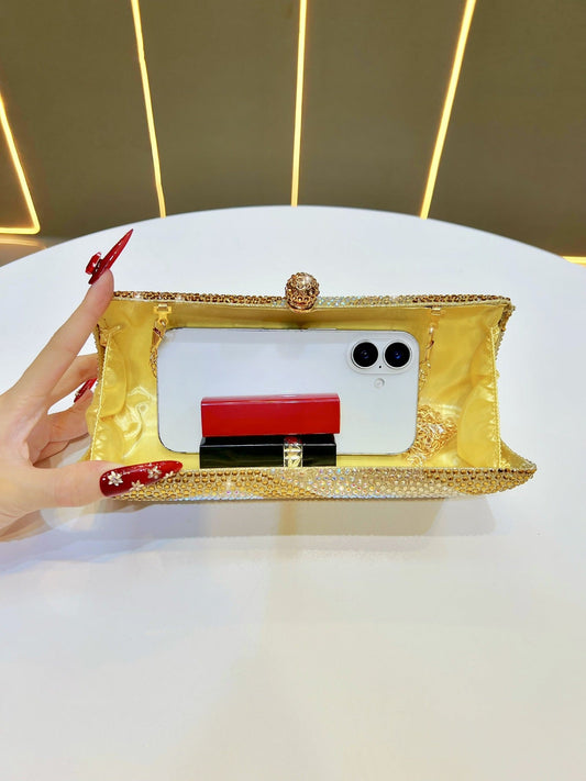 Luxury Gold Crystal Evening Clutch Bag Gradient Rhinestone Hard Case Purse with Detachable Chain for Wedding Prom Cocktail Party Fits Smartphone