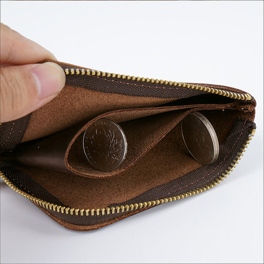 Yellow-brown Handmade Crazy Horse Leather Wallet Minimalist L-Zip Card Holder Top Layer Cowhide Short Purse with Coin Pocket 12cm Vintage Style