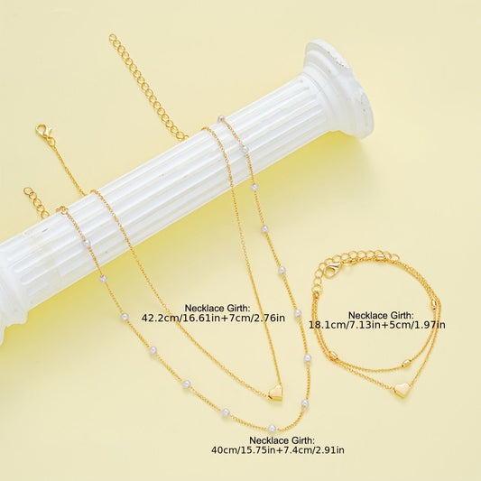 Gold Double-Layer Heart Charm Necklace and Bracelet Set – Women’s Layered Jewelry Set