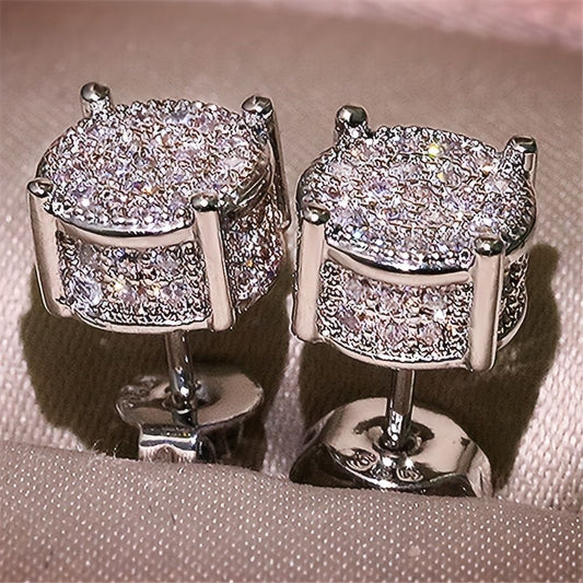 Silver Unisex Round Crystal Stud Earrings – Full-Pave Micro-Set Alloy Ear Jewelry
