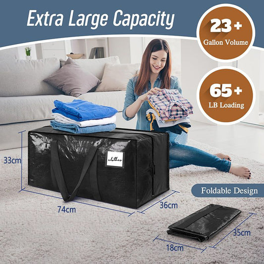 1 Pack Extra Heavy Duty Large Moving Bags with Strong Zipper & Comfortable Handles, Sturdy & Durable Clothes Storage Bags Totes Bins, Packing Moving Boxes for Clothes, Bedding, Dorm & Travel, Black