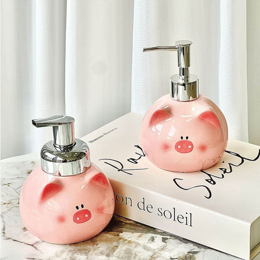 Pink Cute Pink Pig Ceramic Soap Dispenser with Pump - Adorable Bathroom Accessory for Lotion, Shampoo, and Shower Gel