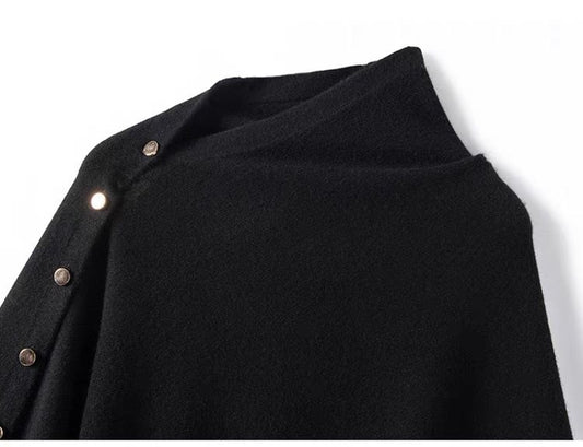 Black Women's Winter Shawl Wrap - 140 x 56 cm Polyester Two Way Knitted Cape Scarf, Warm Lightweight Layer for Everyday Outfits, Work and Travel