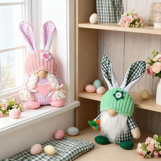 Green Easter Plush Bunny Gnome Figurine – Decorative Doll with Long Hair and Checkered Ears for Home Display