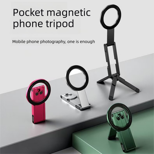 Black Alloy Pocket Magnetic Phone Stand with Desktop Tripod – Multi-Function Foldable Design for Portable Selfie Stick & Hands-Free Shooting – Ideal for Travel, Vlogging, and Daily Use