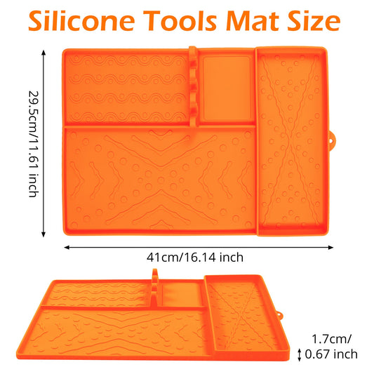 Orange Heavy-Duty Silicone Griddle Tool Mat Integrated Tool & Bottle Slots - Non-Stick BBQ Tool Draining Grease Mat and Seasoning Station