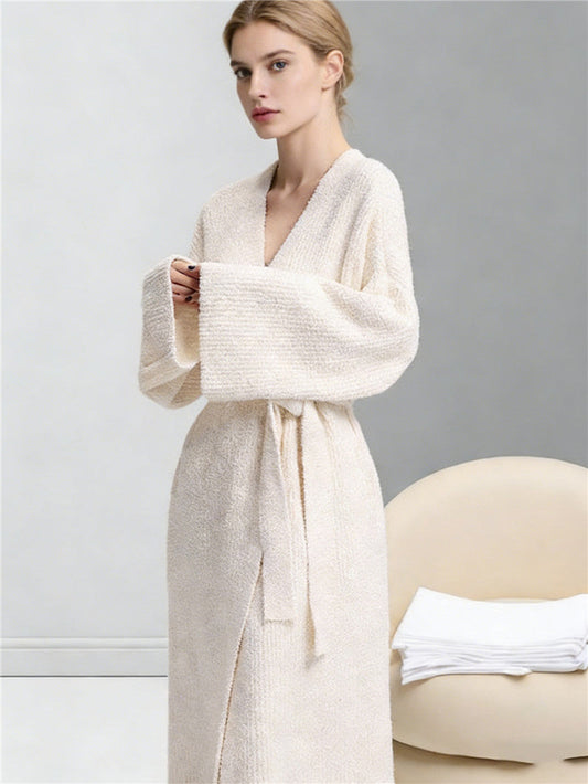 Beige Women's Ultra-Soft Plush V-Neck Cardigan Robe - Extra Thick Half-Velvet Warm Housecoat & Outdoor Wearable Sleepwear