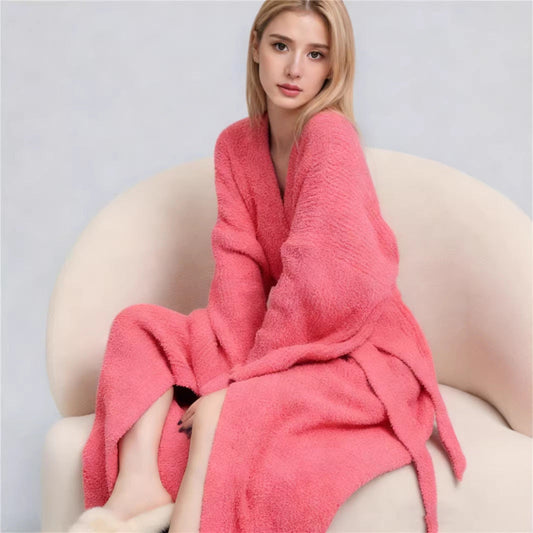 Rose Red Women's Ultra-Soft Plush V-Neck Cardigan Robe - Extra Thick Half-Velvet Warm Housecoat & Outdoor Wearable Sleepwear
