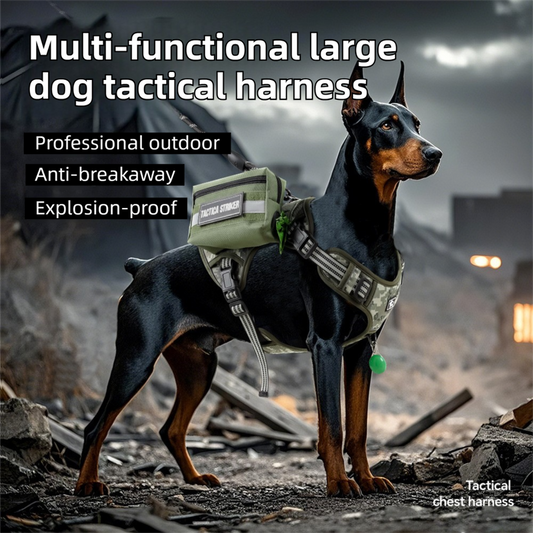 3-Piece Black Tactical Dog Harness Set (M Size) - Heavy Duty No-Pull Vest with Detachable Tactical Pouch & Climbing Rope Leash