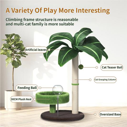 Large Multi-Functional Cat Tree & Activity Tower - All-in-One 70CM Tall Sisal Scratching Post, 31CM Diameter Plush Condo and Interactive Wobbling Feeder