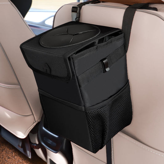 Waterproof Foldable Car Trash Can and Organiser with Dual Side Pockets & Odour Control Lid - 25x16x15 CM Durable Oxford Leak Proof Waste Bin for Travel Camping