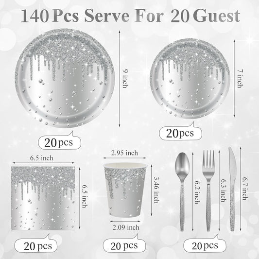 Silver Diamond Sparkle Party Tableware Set 7-Piece Set (Serves 20 People) – 140pcs Disposable Paper Plates, Tissures, Cups & Cutlery Kit for Weddings Birthdays & Parties