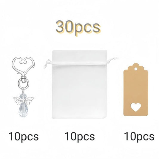 30-Piece White Guardian Angel Keychain Favor Set – Crystal Angel Wings Keyrings with Kraft Tags & Organza Bags for Weddings, Christenings and Party Gifts