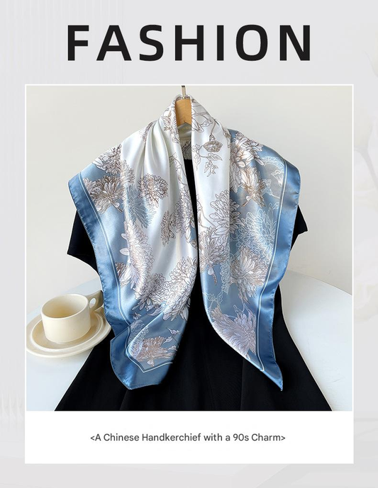 Blue Gift Box Set Elegant 90x90cm Women's Square Scarf - Vintage Floral Print Satin Headscarf - Lightweight Polyester Silk Feel Shawl Wrap for Hair Neck Bag Accessory