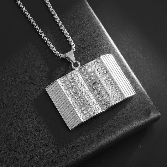 Steel-colored Vintage Holy Bible Book Pendant Necklace - Plated Alloy Cross Scripture Book Pendant with Crystal Rhinestones-Gift for Men and Women