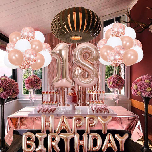 Rose Gold 18th Birthday Balloon Decoration Set - Foil Number Balloons, Happy Birthday Letter Banner, Tassel Curtain, Confetti Balloons, Latex Balloons & Tape - Complete Party Decor Kit for 18th, 21st, 30th Birthdays