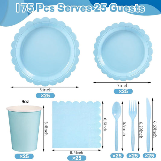 7-Piece Light Blue Scalloped Party Tableware Set for 25 Guests - Disposable Paper Plates 7 / 9 inch, 9oz Cups, Napkins, Cutlery with Matching Tablecloth for Birthday, Baby Shower, EOFY Event