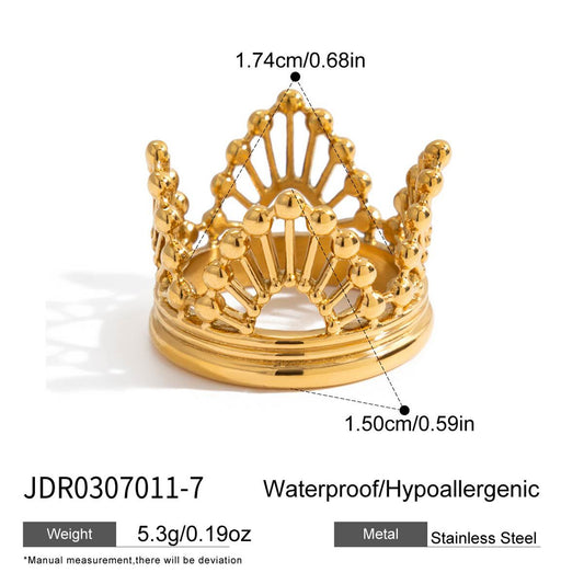 Style 6 Vintage Gold-Plated Stainless Steel Ring for Women - Waterproof Hypoallergenic Stackable Statement Rings, Crown Pearl Crystal & Lace Style Collection Size 7 Inner Diameter 0.68 in