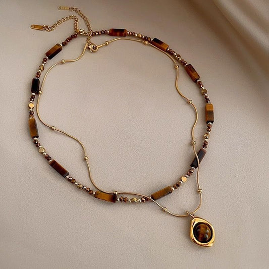Vintage Double Layer Tiger Eye Stone Stackable Pendant Necklace - Boho Beaded Gold Plated Layered Choker Necklace for Women with Jewelry Box
