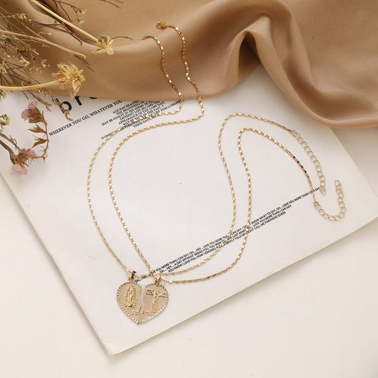Jesus Cross Spliced Heart Pendant - Copper Plated Stackable Collarbone Chain with Jewelry Box, Christmas Easter Gift for Women and Men