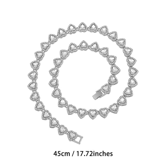 Silver-Plated Heart Rhinestone Cuban Link 18 inch Tennis Necklace and 7 inch Tennis Bracelet Set for Women, Crystal Heart Chain Fashion Jewelry Accessories with Gift Box