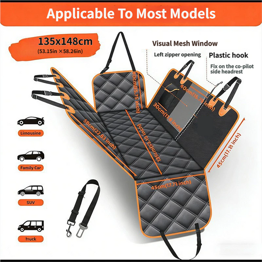 Waterproof Dog Car Rear Seat Protector 135 x 148CM - Durable Oxford Non Slip Pet Hammock with Storage Pockets , Zipper Mesh Window and 6 Fixed Buckles, Seat Belt Access Opening and Pet Leash
