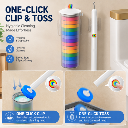 Disposable Toilet Brush Set with 14 Preloaded Cleaning Refill Heads & Wall Mounted Storage Holder - 360° Rotating Brush Head, One-Button Release and Long Handle for Hygienic Bathroom Cleaning