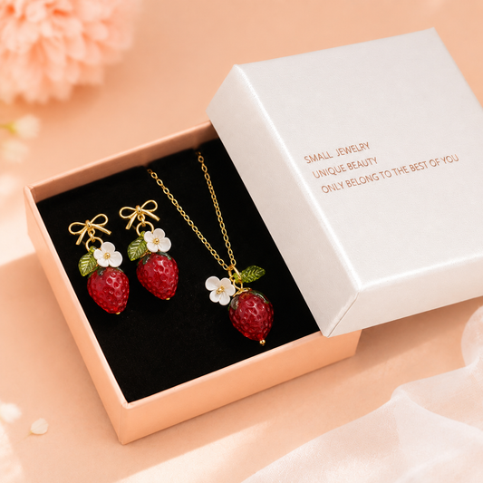 Cute Crystal Strawberry Pendant Jewelry Set for Women with Flower Berries Leaves Bow Earrings and Necklace - Vintage Gold Plated Fruit Charm Accessories Gift Box for Daily Wear, Parties, Dates and Occasions
