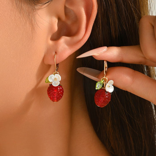 Cute Crystal Strawberry Pendant Jewelry Set for Women with Flower Berries Leaves Design Hoop Earrings and Necklace - Vintage Gold Plated Fruit Charm Accessories Gift Box for Daily Wear, Parties, Dates and Occasions