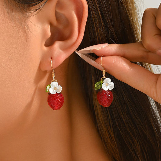 Cute Crystal Strawberry Pendant Jewelry Set for Women with Flower Berries Leaves Design Hook Earrings and Necklace - Vintage Gold Plated Fruit Charm Accessories Gift Box for Daily Wear, Parties, Dates and Occasions
