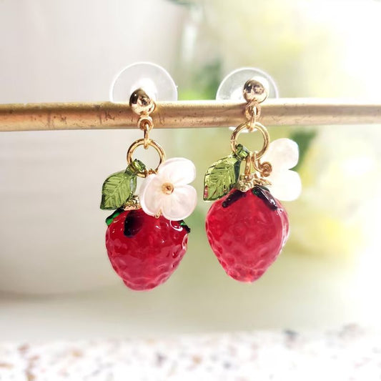 Cute Crystal Strawberry Pendant Jewelry Set for Women with Flower Berries Leaves Design Stud Earrings and Necklace - Vintage Gold Plated Fruit Charm Accessories Gift Box for Daily Wear, Parties, Dates and Occasions