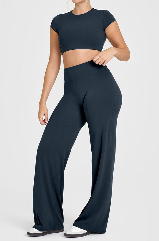 XL Size Blueberry Color High Waisted Flare Yoga Pants for Women - M-Shaped Peach Hip Lifting Wide-Leg Workout Trousers with Soft & Skin Feel Four Way Stretch Fabric, Breathable & Quick Dry