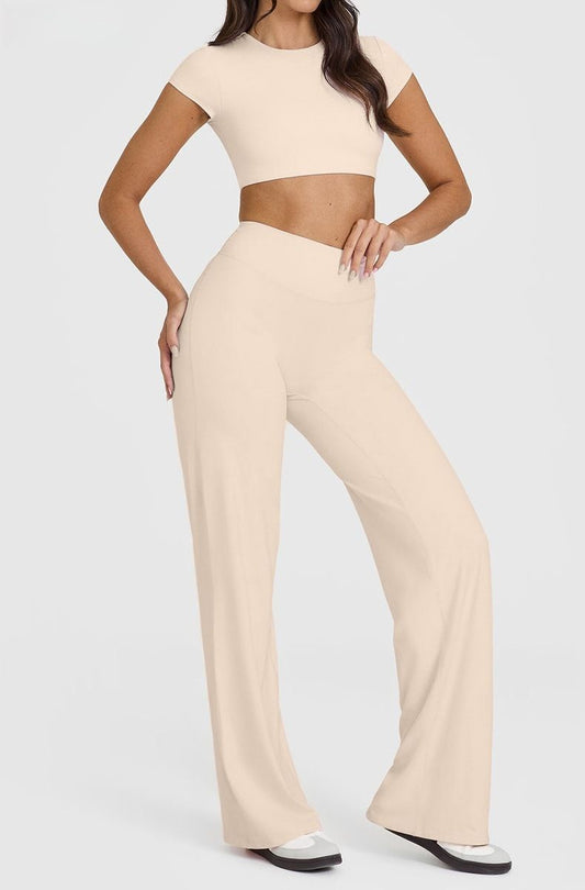 XL Size Apricot High Waisted Flare Yoga Pants for Women - M-Shaped Peach Hip Lifting Wide-Leg Workout Trousers with Soft & Skin Feel Four Way Stretch Fabric, Breathable & Quick Dry