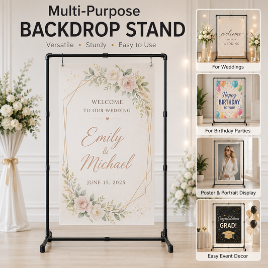 Black Square Backdrop Display Stand, Adjustable Display Rack, Flexible DIY Modular Frame and Easy Installation for Wedding Ceremony, Birthday Party, Banner Sign, Poster and Event Deco